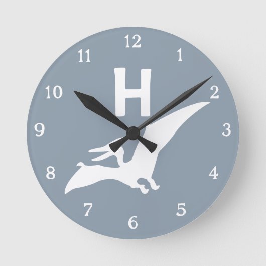 Pterodactyl Dinosaur Monogram Nursery Wall Clock ラウンド壁時計 (正面)