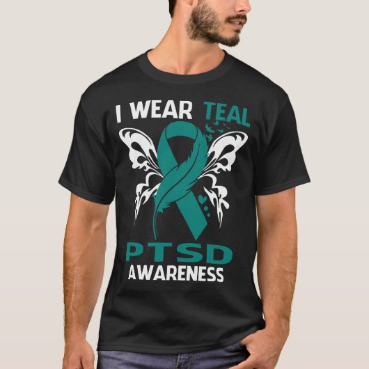 PTSD啓発のためにターコイズブルーを身に着ける Tシャツ (正面)