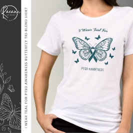 PTSD啓発バタフライ柄ティールブルーTシャツ トライブレンドTシャツ