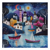 Pueblo Costero Nocturno: Paisaje Folk y Naive. ポスター (正面)