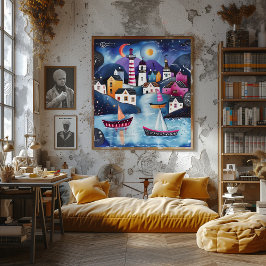 Pueblo Costero Nocturno: Paisaje Folk y Naive. ポスター