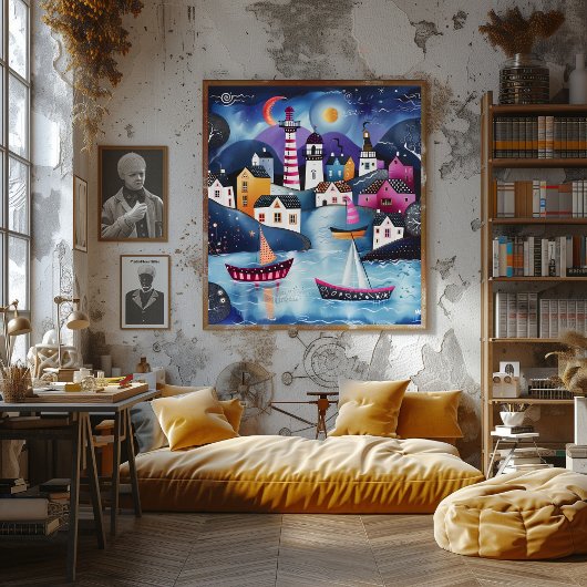 Pueblo Costero Nocturno: Paisaje Folk y Naive. ポスター