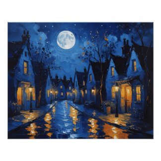 Pueblo de noche con luces ポスター