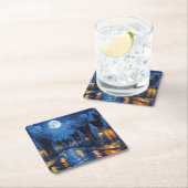 Pueblo de noche con luces y faroles スクエアペーパーコースター (インサイチュ)