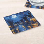 Pueblo de noche con luces y faroles スクエアペーパーコースター (アングル)