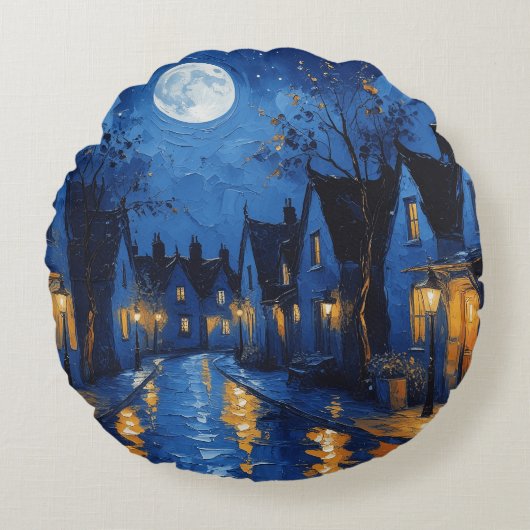 Pueblo de noche con luces y faroles ラウンドクッション (正面)