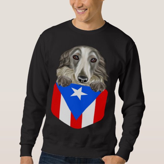 Puerto Rico Flag Borzoi Dog In Pocket スウェットシャツ (正面)