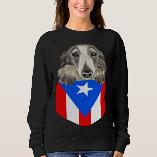 Puerto Rico Flag Borzoi Dog In Pocket スウェットシャツ (正面)