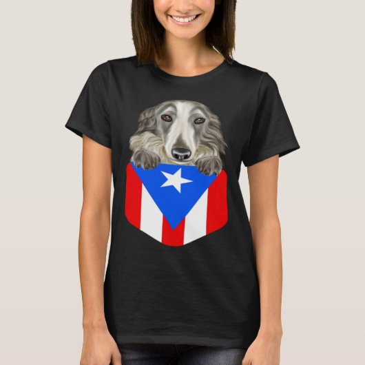 Puerto Rico Flag Borzoi Dog In Pocket Tシャツ (正面)
