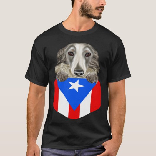 Puerto Rico Flag Borzoi Dog In Pocket Tシャツ (正面)