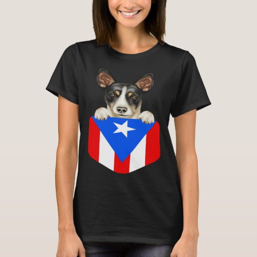 Puerto Rico Flag Rat Terrier Dog In Pocket Tシャツ (正面)
