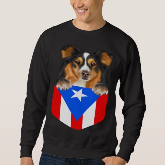 Puerto Rico Flag Shetland Sheepdog Dog In Pocket スウェットシャツ (正面)