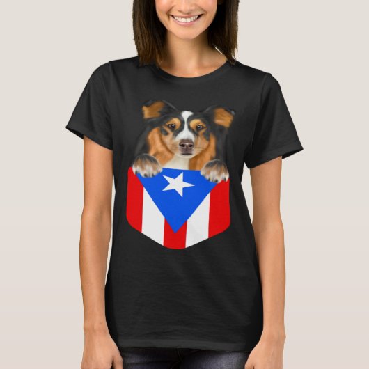 Puerto Rico Flag Shetland Sheepdog Dog In Pocket Tシャツ (正面)
