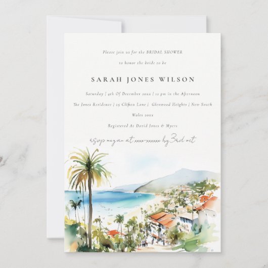 Puerto Vallarta Mexico Watercolor Bridal Shower 招待状 (正面)