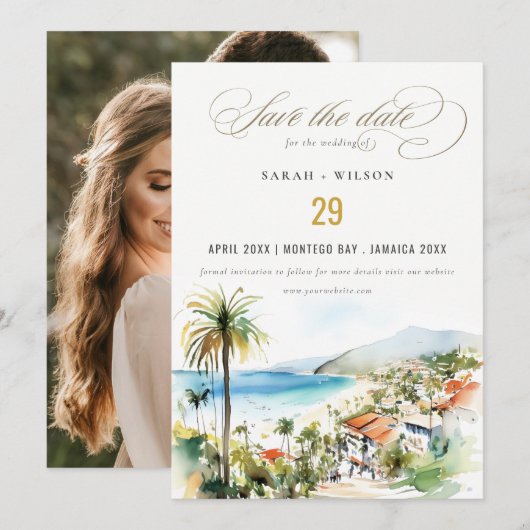 Puerto Vallarta Mexico Watercolor Photo Wedding セーブザデート (正面/裏面)