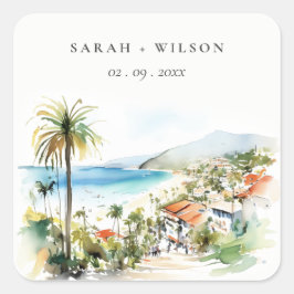 Puerto Vallarta Mexico Watercolor scape Wedding スクエアシール