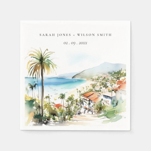 Puerto Vallarta Mexico Watercolor scape Wedding スタンダードカクテルナプキン (正面)