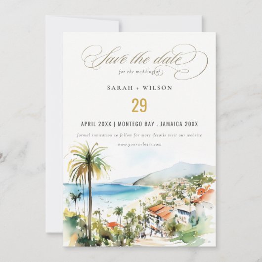 Puerto Vallarta Mexico Watercolor Scape Wedding セーブザデート (正面)