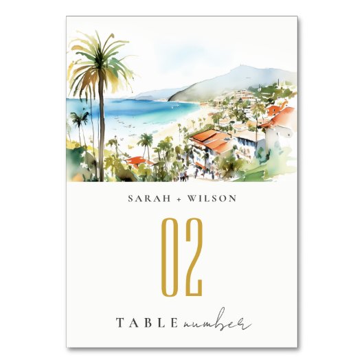 Puerto Vallarta Mexico Watercolor scape Wedding テーブルナンバー (正面)