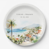 Puerto Vallarta Mexico Watercolor scape Wedding ペーパープレート (正面)