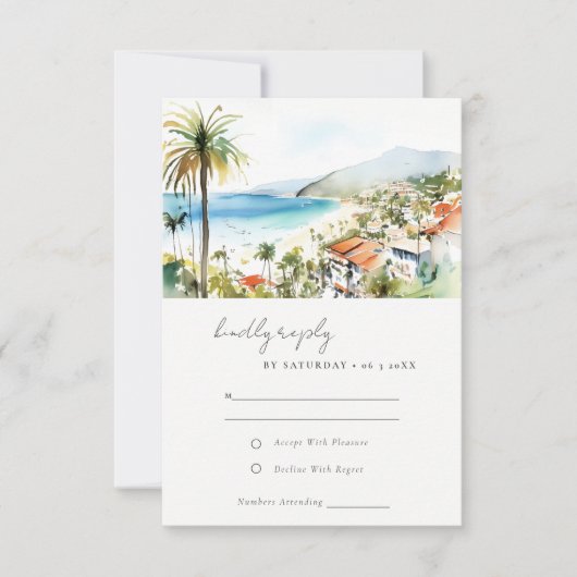 Puerto Vallarta Mexico Watercolor Scape Wedding 出欠カード (正面)