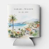 Puerto Vallarta Mexico Watercolor Scape Wedding 缶クーラー (裏面)