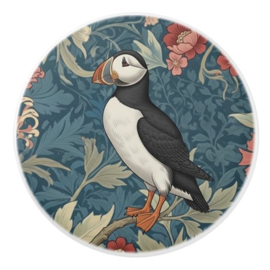 Puffin Bird William Morris style Left Ceramic Knob セラミックノブ (正面)