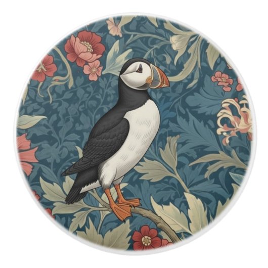 Puffin Bird William Morris style Right Facing セラミックノブ (正面)