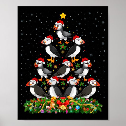 Puffin Bird Xmas Tree Gift Santa Hat Puffin Christ ポスター (正面)