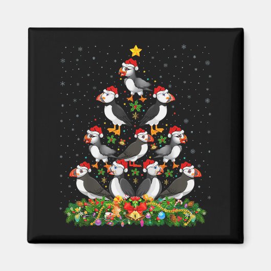 Puffin Bird Xmas Tree Gift Santa Hat Puffin Christ マグネット (正面)