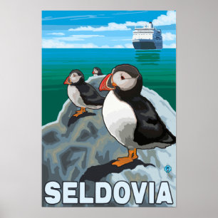 Puffins & Cruise Ship - Seldovia，アラスカ ポスター