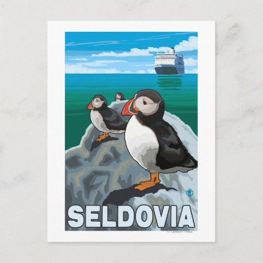 Puffins & Cruise Ship - Seldovia，アラスカ ポストカード (正面)