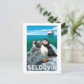 Puffins & Cruise Ship - Seldovia，アラスカ ポストカード (スタンド正面)