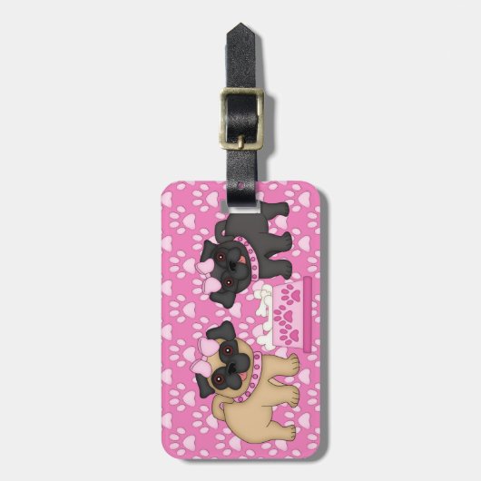 Pugかわいこちゃんストライプピンクのとポーズカスタマイズ-  ラゲッジタグ (正面縦)
