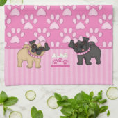 Pugかわいこちゃんピンクストライプのと前足 キッチンタオル (折り畳み)