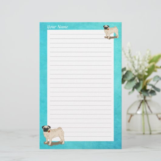 Pugとバラあなたの名前スローガンかわいい犬 便箋 (スタンド正面)