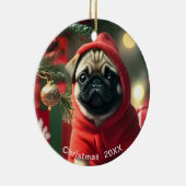 Pugクリスマスの日付またはペットの写真の追加 セラミックオーナメント (右)