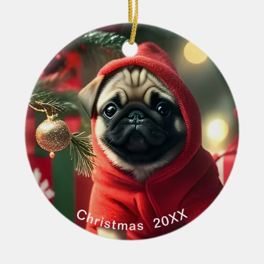 Pugクリスマスの日付またはペットの写真の追加 セラミックオーナメント (正面)