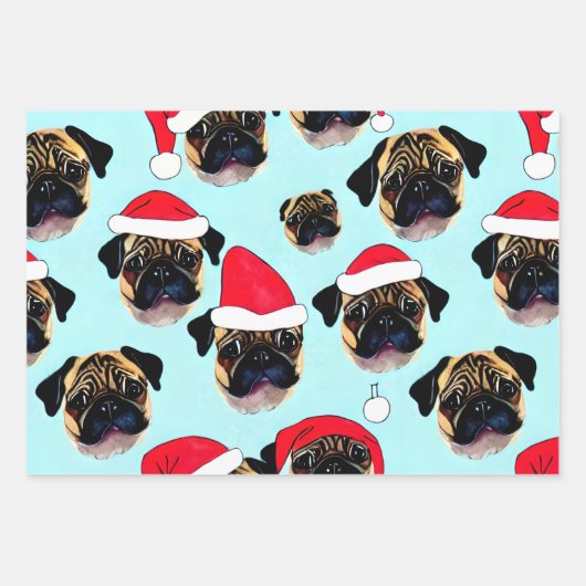 Pugクリスマスプレゼント包装紙 ラッピングペーパーシート (正面)