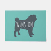 Pugシルエット |グレーとティール(緑がかった色) パーソナライズされた ドアマット (正面)