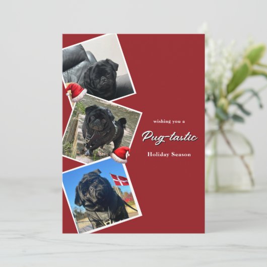 pugタスティック休日3枚の写真クリスマスカード 招待状 (スタンド正面)