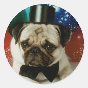 PUGトップハット誕生日ステッカー ラウンドシール