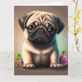 PUGドッグアート任意の大事な行事グリーティングカード カード (黄色い花)