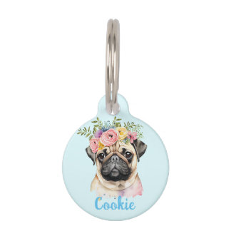 PUGドッグウォーターカラーフラワーラウンドペットタグ ペット　ネームタグ