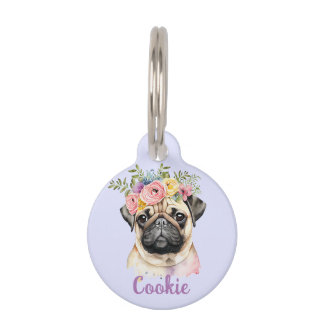 PUGドッグウォーターカラーフラワーラウンドペットタグ ペット　ネームタグ