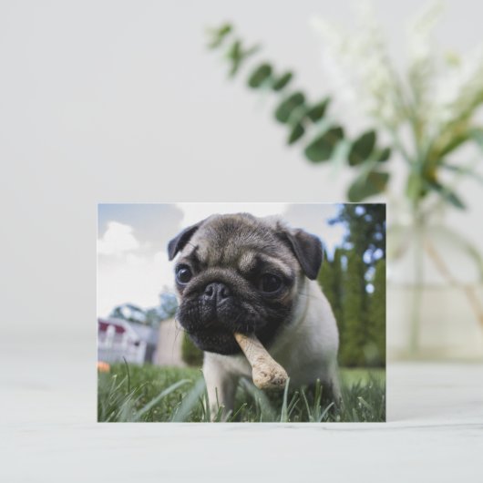 Pugパーソナライズされた Dogの写真と名前 ポストカード (スタンド正面)