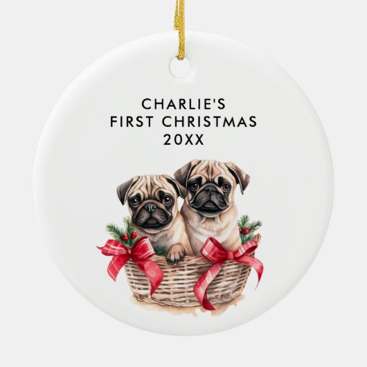 PUG犬の初めてのクリスマスかわいい写真 セラミックオーナメント (裏面)