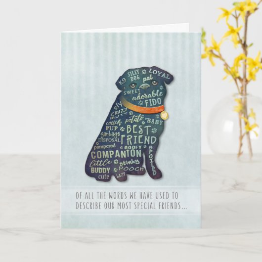 Pug犬の同情カード – すべての単語の カード (黄色い花)