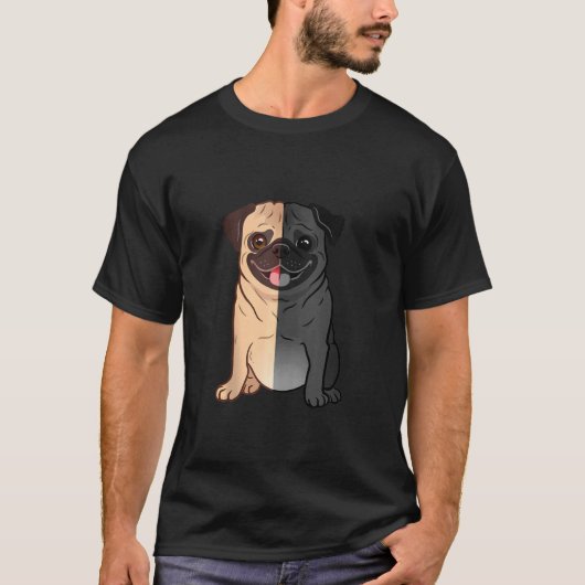 Pug白黒、半分の黒とPug A H Tシャツ (正面)