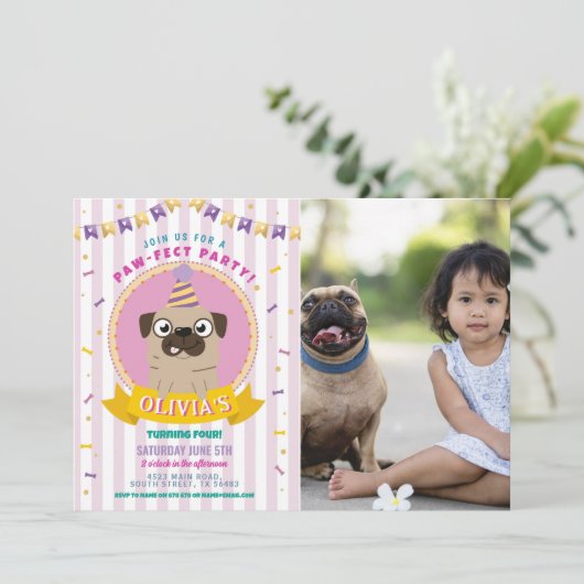 Pug誕生日ドギーパーティードッグ紙吹雪写真 招待状 (スタンド正面)